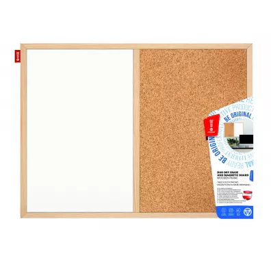 Tablica duo korkowo-sucho�cieralna magnetyczna bia�a, rama drewniana, 60x40 cm