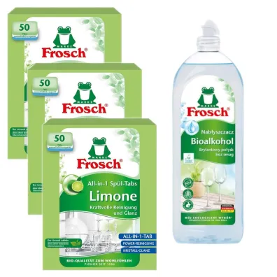 Frosch Tabletki do zmywarek All in One limonkowe + Nab�yszczacz na bazie Bioalkoholu Zestaw 3 x 50 szt. + 750 ml