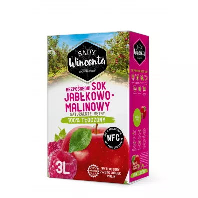 Sady Wincenta Sok 100% jabkowo-malinowy naturalnie mtny toczony NFC 3 l