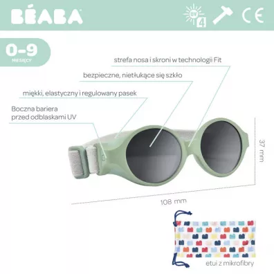 Beaba Okulary przeciwsoneczne dla dzieci z elastyczn opask 0-9 miesicy Glee - Sage green