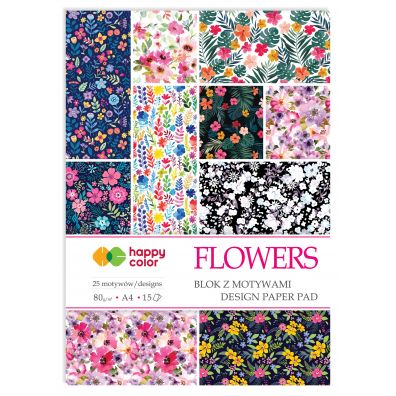 Happy Color Blok z motywami FLOWERS, 25 motyww, A4, 80g, 15 arkuszy, 25 motyww 15 kartek