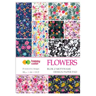 Happy Color Blok z motywami FLOWERS, 25 motyww, A4, 80g, 15 arkuszy, 25 motyww 15 kartek