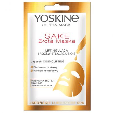 Yoskine Geisha Mask Sake maska na zotej tkaninie liftingujca i rozwietlajca S.O.S 20 ml