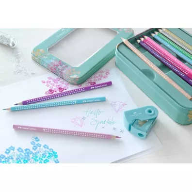 Faber-Castell Kredki o��wkowe Sparkle + akcesoria. Zestaw w metalowym opakowaniu upominkowym 20 szt.
