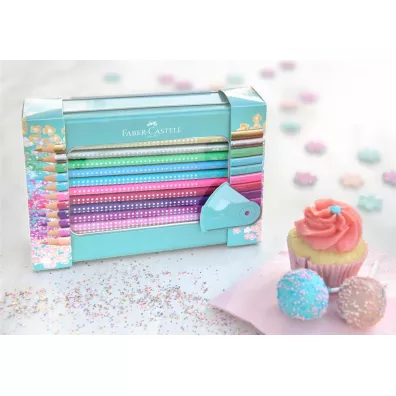 Faber-Castell Kredki o��wkowe Sparkle + akcesoria. Zestaw w metalowym opakowaniu upominkowym 20 szt.