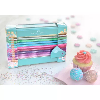 Faber-Castell Kredki o��wkowe Sparkle + akcesoria. Zestaw w metalowym opakowaniu upominkowym 20 szt.