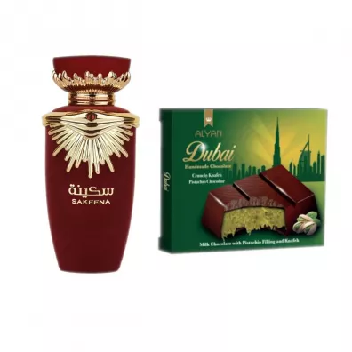 Lattafa Woda perfumowana Sakeena + Alyan Dubajska Czekolada Mleczna z Nadzieniem Pistacjowym i Kunaf Zestaw 100 ml + 100 g