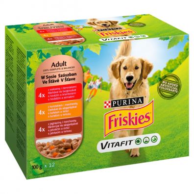 Friskies Vitafit Adult Mokra karma penoporcjowa dla psw dorosych z woowin, kurczakiem i jagnicin 12 x 100 g