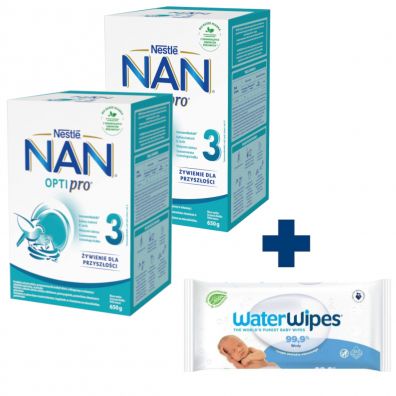 Nestle Nan Optipro 3 Junior Produkt na bazie mleka dla dzieci po 1. roku + Waterwipes Chusteczki nawilżane gratis Zestaw 2 x 650 g + 60 szt.