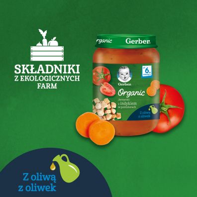 Gerber Organic Obiadek jarzynki z indykiem w pomidorach dla niemowlt po 6 miesicu 190 g Bio