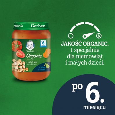 Gerber Organic Obiadek jarzynki z indykiem w pomidorach dla niemowlt po 6 miesicu 190 g Bio