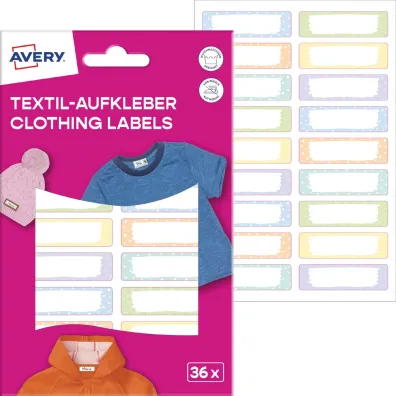 Avery Zweckform Naklejki na ubrania; 46 x 13 mm, 2 ark/36 naklejek, pastelowe, AVERY, ETVET36M