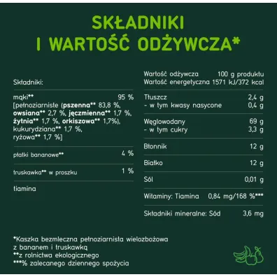 BoboVita Kaszka bezmleczna pe�noziarnista wielozbo�owa z bananem i truskawk� po 8 miesi�cu 200 g Bio
