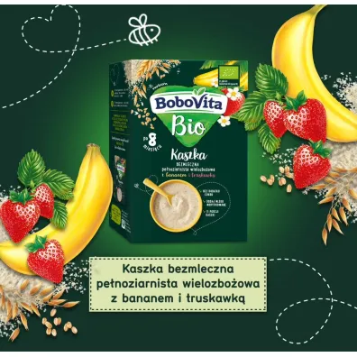 BoboVita Kaszka bezmleczna pe�noziarnista wielozbo�owa z bananem i truskawk� po 8 miesi�cu 200 g Bio