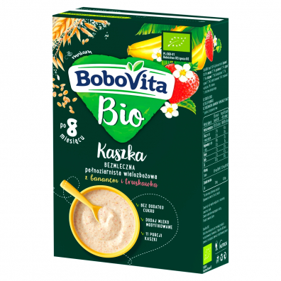 BoboVita Kaszka bezmleczna pełnoziarnista wielozbożowa z bananem i truskawką po 8 miesiącu 200 g Bio