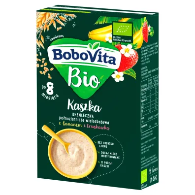 BoboVita Kaszka bezmleczna pe�noziarnista wielozbo�owa z bananem i truskawk� po 8 miesi�cu 200 g Bio