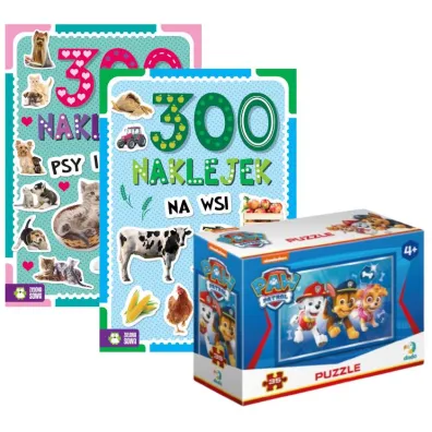 Pakiet dla przedszkolaka. 300 naklejek. Psy i koty, 300 naklejek. Na wsi, Puzzle mini 35 el. Psi Patrol