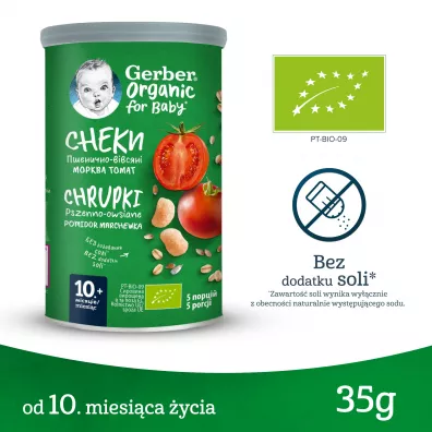 Gerber Organic Chrupki pszenno-owsiane pomidor marchewka dla niemowlt po 10 miesicu 35 g Bio