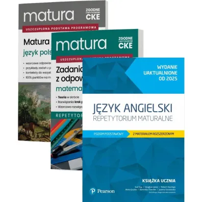 Pakiet Matura 2026: J�zyk polski. Matura ustna, Matematyka. Zadania maturalne z odpowiedziami. Repetytorium. Zakres podstawowy, J�zyk angielski. Repetytorium maturalne. Poziom podstawowy z materia�em rozszerzonym