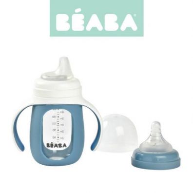 Beaba Szklana butelka treningowa w silikonowej osonce 2w1 Windy blue 210 ml