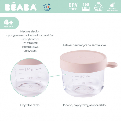 Beaba Pojemnik soiczek szklany z hermetycznym zamkniciem pink 150 ml