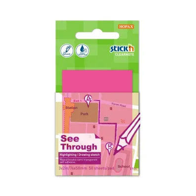 Stickn Notes samoprzylepny przezroczysty r�owy 51x76mm 50 kartek