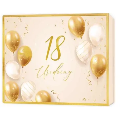 Pude�ko prezentowe 18 urodziny, be�owe i z�ote balony (22,5x17,5x4cm)