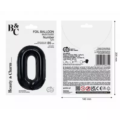 Godan Balon foliowy B&C cyfra 0 matowa czarna 85cm