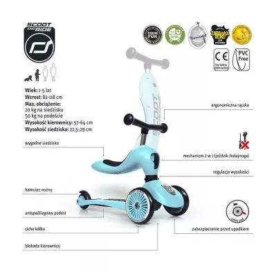 Zestaw Highwaykick 1 2w1 Je�dzik i hulajnoga tr�jko�owa + Kask XXS-S 1-5 lat Blueberry Scootandride