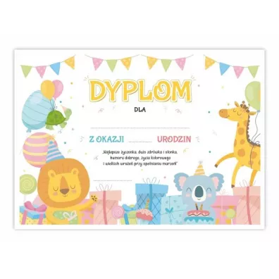 LearnHow Dyplom A4 urodzinowy - Weso�e zwierzaczki 5 szt.