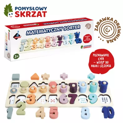 Pomysowy Skrzat cyfry i ksztaty - Drewniany sorter Askato