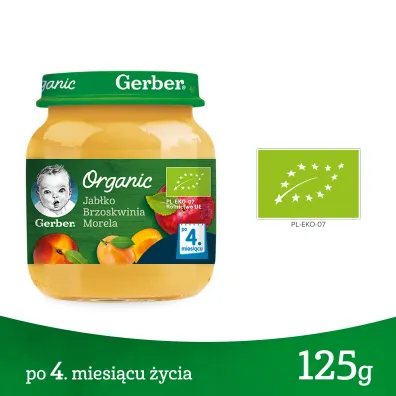 Gerber Organic Deserek jab�ko brzoskwinia morela dla niemowl�t po 4 miesi�cu 125 g Bio
