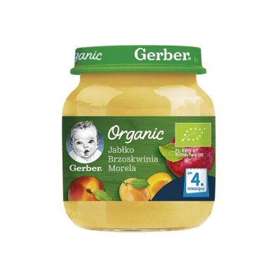 Gerber Organic Deserek jabłko brzoskwinia morela dla niemowląt po 4 miesiącu 125 g Bio
