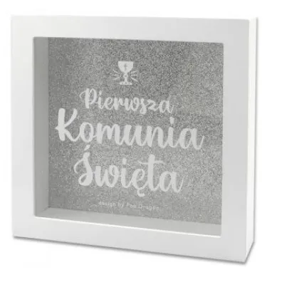 Skarbonka Home - Komunia �wi�ta, srebrny brokat (18x18x5cm) Pan Dragon