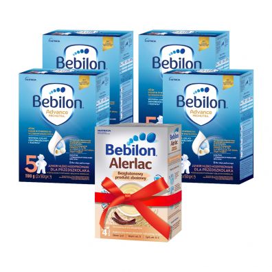 Bebilon 5 Pronutra-Advance Mleko modyfikowane dla przedszkolaka + Alerlac Bezglutenowa kaszka zboowa po 4 miesicu Zestaw 4 x 1100 g + 400 g