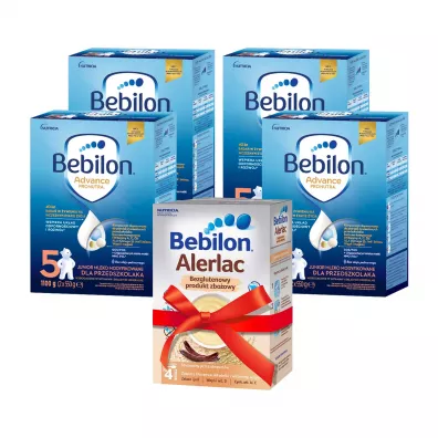 Bebilon 5 Pronutra-Advance Mleko modyfikowane dla przedszkolaka + Alerlac Bezglutenowa kaszka zbo�owa po 4 miesi�cu Zestaw 4 x 1100 g + 400 g