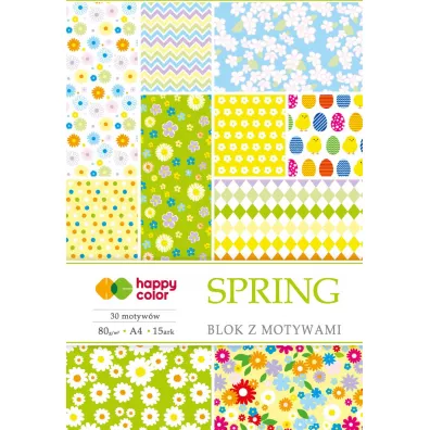 Happy Color Blok z motywami SPRING, A4, 80g, 15 arkuszy, 30 motyww 80 g 15 kartek