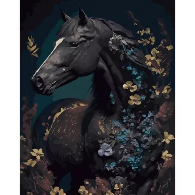 Twoje Hobby Malowanie po numerach czarne p��tno - Czarny ko� z kwiatami 40x50cm