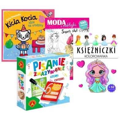 Pakiet Kicia Kocia idzie na urodziny, Ksi�niczki - kolorowanka, Pisanie-zmazywanie. Literki, cyferki, Super styl. Moda i naklejki