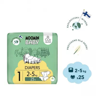 Muumi Baby Moomin Baby, Pieluszki 1 Newborn (2-5 kg), Eko 25 szt.