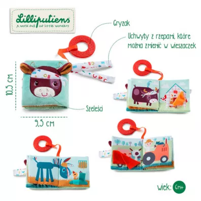 Lilliputiens Mini-ksieczka wielofunkcyjna z szeleszczc foli i gryzakiem Farma 6 m+