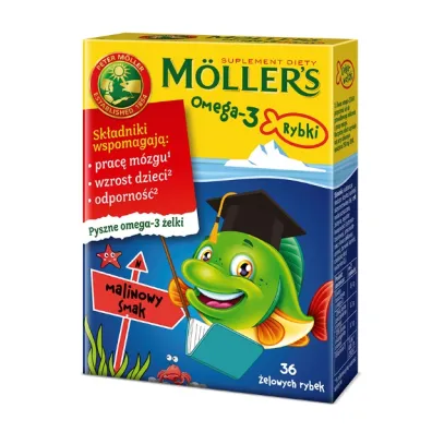 Moller`s Omega-3 Rybki �elki z kwasami omega-3 i witamin� D3 dla dzieci Malinowe - suplement diety 36 szt.