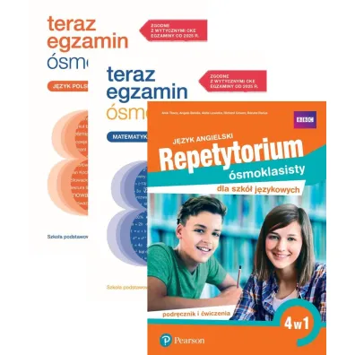 Pakiet. Teraz egzamin �smoklasisty. Arkusze: J�zyk polski i Matematyka, Repetytorium �smoklasisty dla szk� j�zykowych. J�zyk angielski. 4 w 1. Podr�cznik i �wiczenia