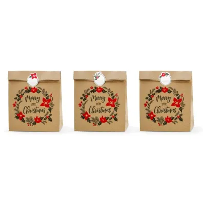 PartyDeco Torebki na prezenty Merry Little Christmas, kraft, 25x11x27cm: 1op./3szt.
