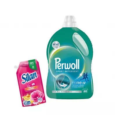 Perwoll Zestaw Pyn do prania tkanin sportowych Sport (60 pra) + Silan Pyn do zmikczania tkanin Fabrlhafter Blutenrausch gratis 3 l + 500 ml