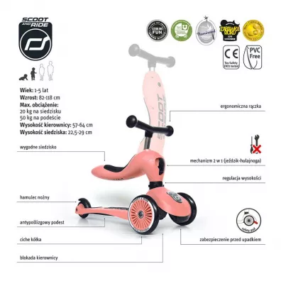 Highwaykick 1 2w1 Jedzik i hulajnoga trjkoowa 1-5 lat Peach Scootandride