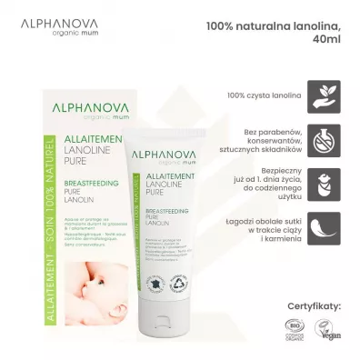 Alphanova Sante Alphanova Organic Mum, Lanolina na brodawki, 100% naturalna, 40 ml