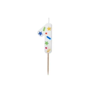 PartyDeco �wieczka urodzinowa 1 bia�a konfetti 5.5cm