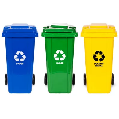 Zestaw koszy na �mieci pojemniki niebieski zielony ��ty makulatura szk�o plastik gumowe ko�a