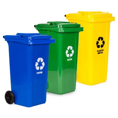 Zestaw koszy na �mieci pojemniki niebieski zielony ��ty makulatura szk�o plastik gumowe ko�a